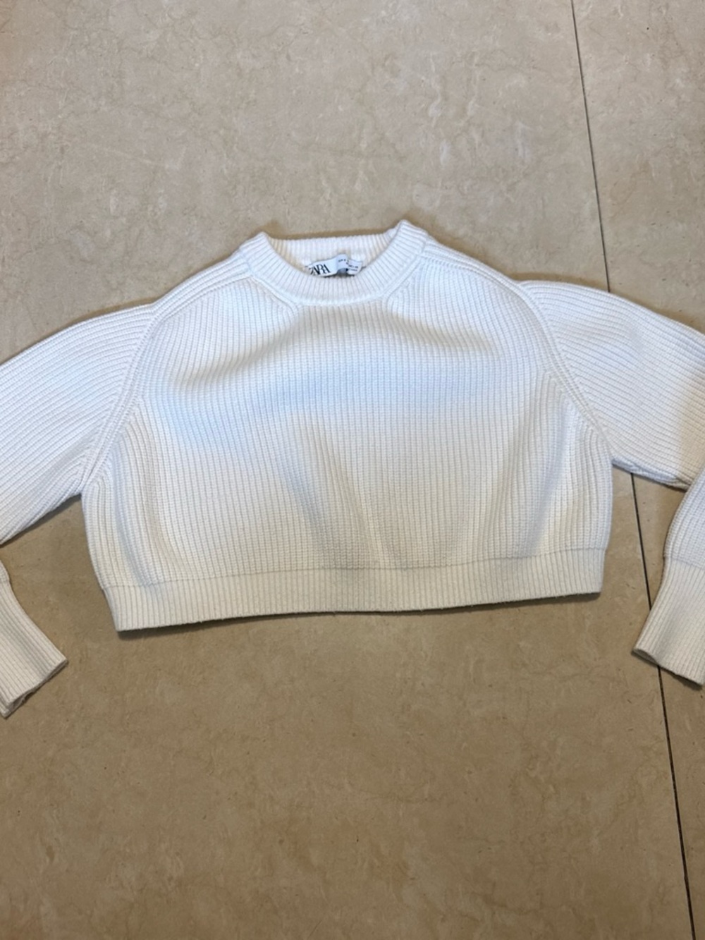 Zara White Ribbed Cropped Crewneck Sweater